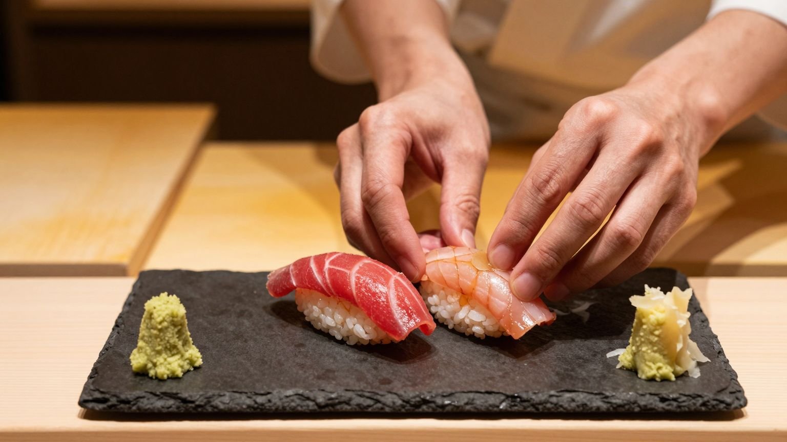 A chef placing nigiri at a wooden sushi counter